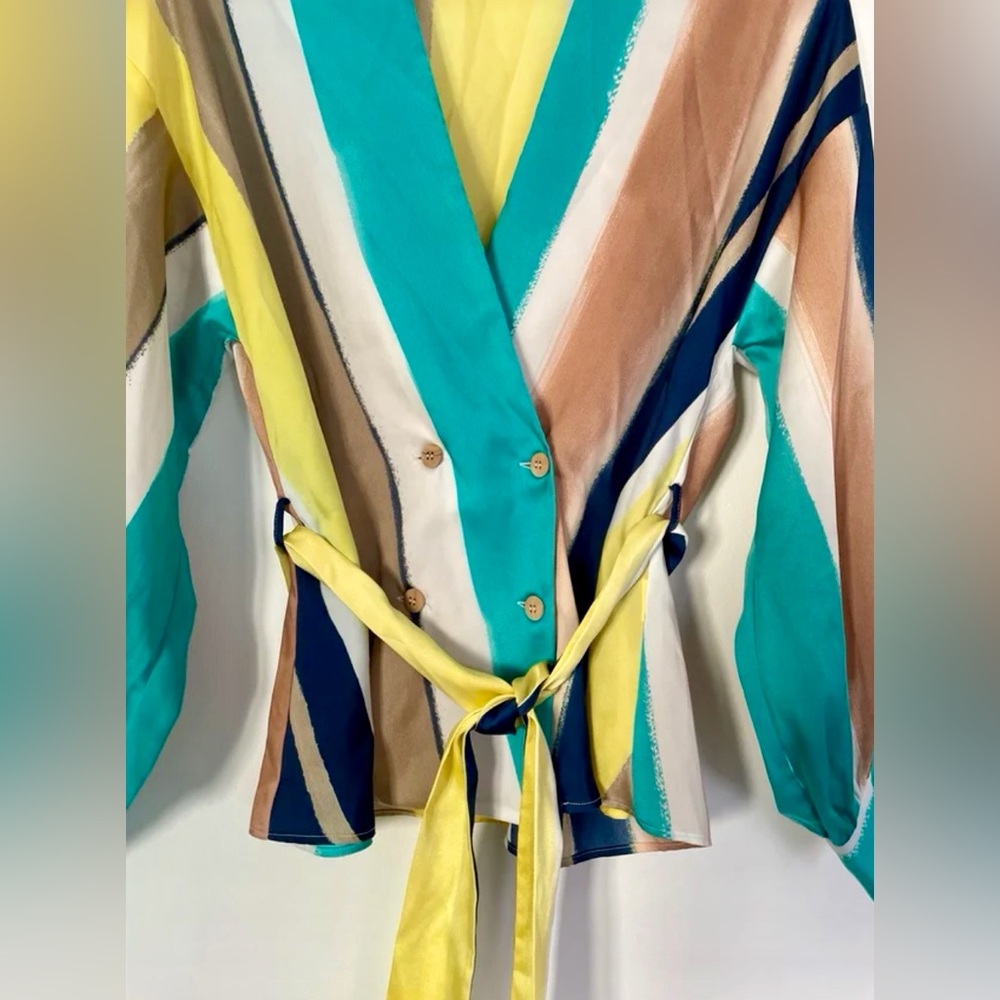 Zara NWOT Multicolor Striped Wrap Flowy Blouse W/Belt. Long Sleeves. Size Small. - Picture 10 of 12